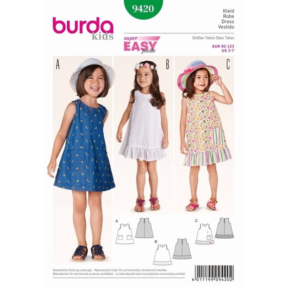 Burda Paper Sewing Pattern 9420 - Dresses for Kids, Baby
