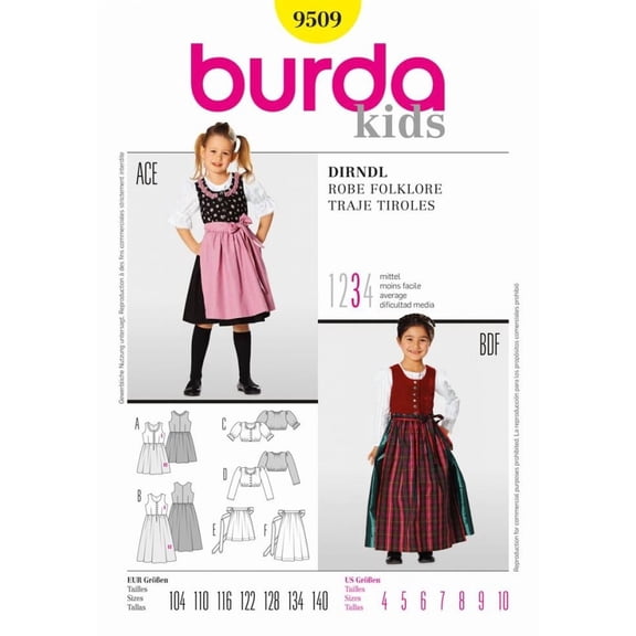 Burda Paper Sewing Pattern 9509 - Aprons and Dresses and Tops for Kids
