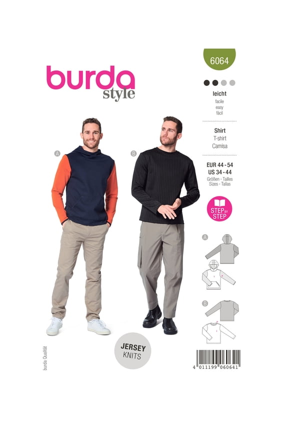 Style Sewing Pattern 6064 - Men's Classic Sweatshirt with Hood or Neckband, Size: A (34-36-38-40-42-44)