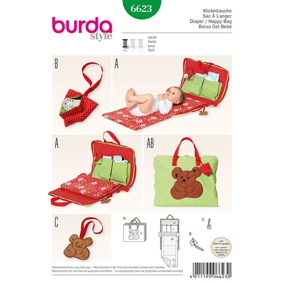Burda Style Sewing Pattern 6623 - Diaper and Nappy Bag, Size: A (One Size Only)
