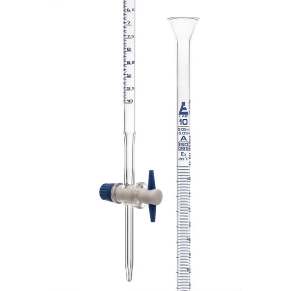 Burette with PTFE Key Stopcock, 10ml - Class A - 0.05ml Sub Div. Blue Graduations - 0.03ml Tolerance - Borosilicate Glass - Eisco Labs