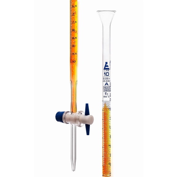 Burette with PTFE Key Stopcock, 10ml - Class A - 0.05ml Sub Div. Blue Graduations - 0.03ml Tolerance - Borosilicate Glass