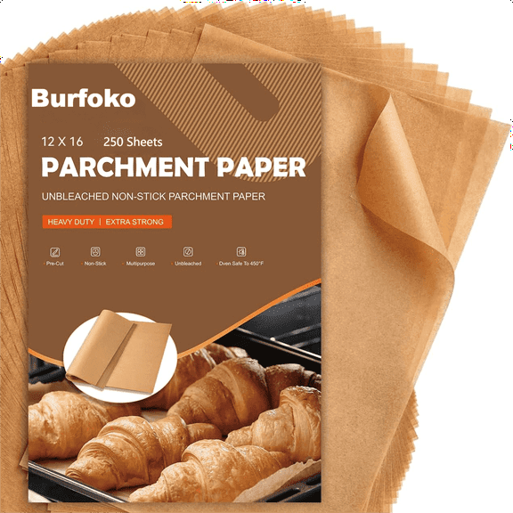 Burfoko 12x16 inch Unbleached Parchment Paper - 250 Precut Sheets, Non-Stick Baking & Air Fryer, Half Sheet Pan Size