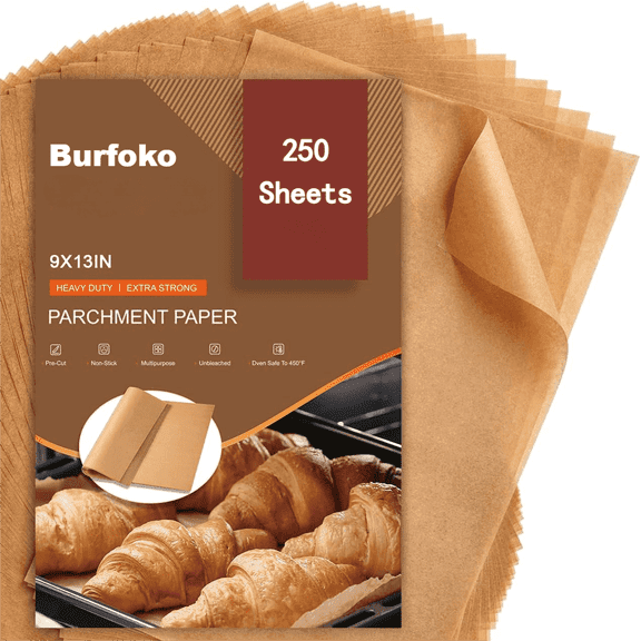 Burfoko 9x13 inch Unbleached Parchment Paper - 250 Precut Sheets, Non-Stick & Quarter Size for Baking/Air Fryer