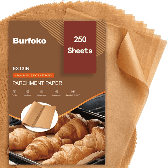 Burfoko 9x13 inch Unbleached Parchment Paper - 250 Precut Sheets, Non-Stick & Quarter Size for Baking/Air Fryer