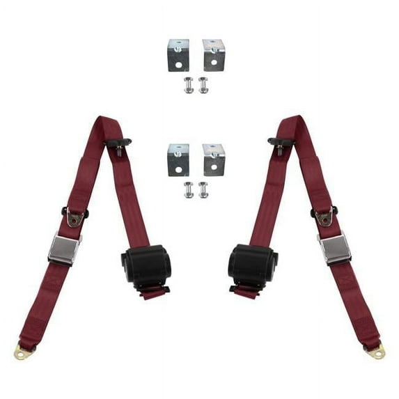 Burgandy Retractable Bucket Seat Belt Kit with Bracketry for 1967-1979 Ford Truck Airplane 3 Point - 2 Belts