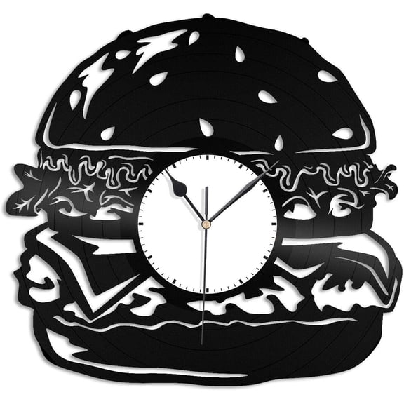 Burger 3D Wall Clock Vinyl Wall Clock,Vinyl Record Clock Wall Art Unique Room Decorations Handmade Gift