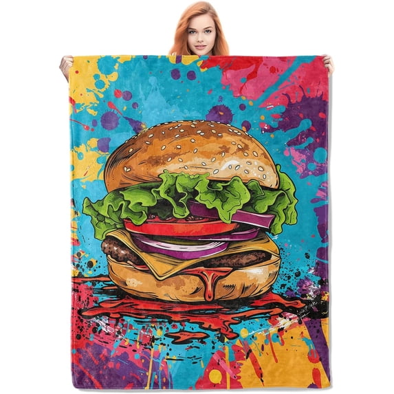 Burger Art Blanket, Colorful Food-Themed Fleece Throw with Vibrant Hamburger Design, Soft Cozy Lightweight Blanket, for Food Lovers, 40x50 in,Decor