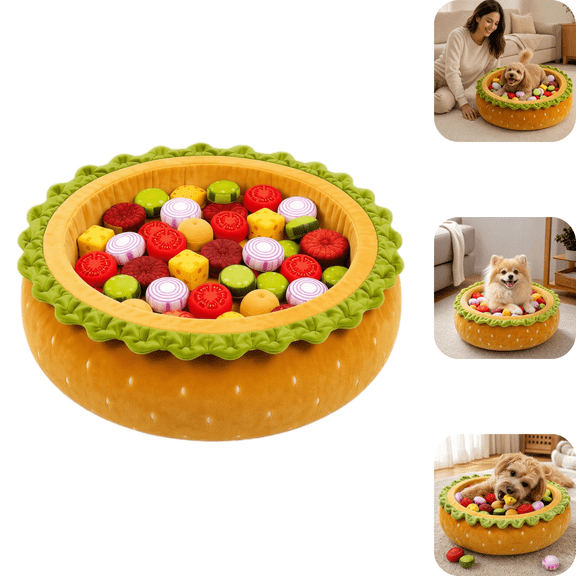 Burger Ball Pit for Dogs, Funny 20in BurgerShaped Dog Bed, 15PCS Cheese Squishy Plush Toys Included, Interactive TreatHiding Foraging Enrichment Puzzle Toy for Indoor Home Use