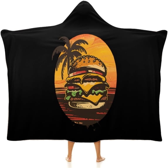 Burger Cheeseburger Vintage Art Food Hamburger Wearable Hooded Blanket Throw Cloak Wrap Warm Robe Cape for Bed Couch