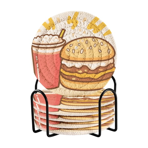 Burger Cola 4in Bar Coasters Set of 6 with Storage Rack Durable Heat Resistant