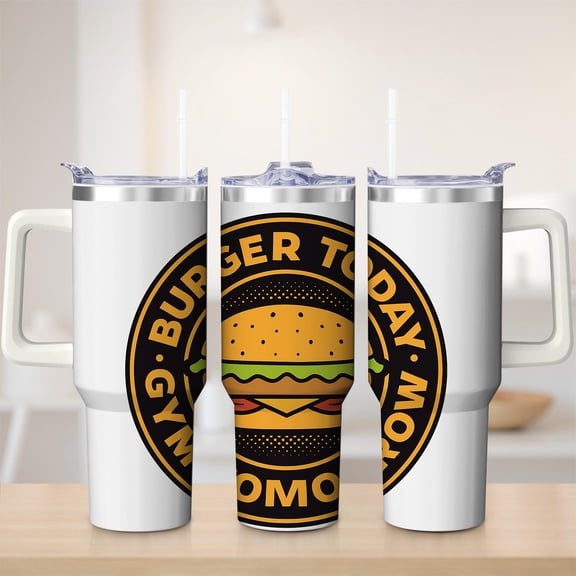 Burger Gym Today Tomorrow Stainless Steel Insulated Mug with Lid and Handle, 30oz
