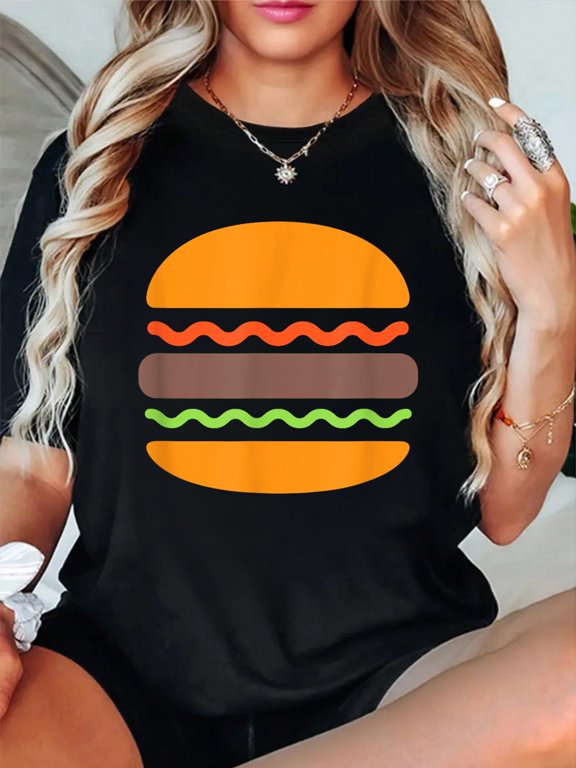 Burger Hamburger Cheeseburger Fast Food Snack Foodie T-Shirt casual short sleeve crew neck cotton tee tops for women