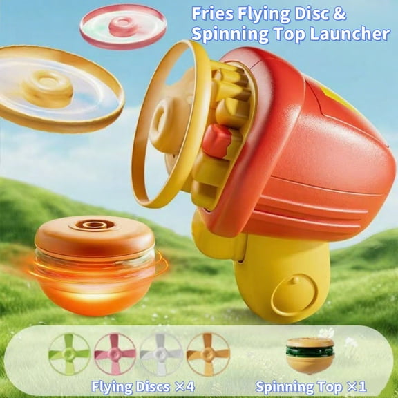 Burger Launcher Spinning Top Toy for Kids – LED Light Up Gyro with Handle Grip, Outdoor Flying Disc Toy for Boys & Girls, Novelty Hamburger Beyblade Toy Gift(French fries)
