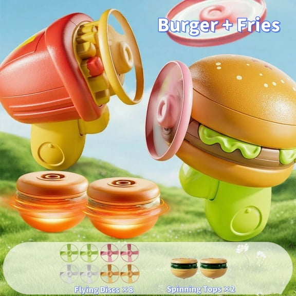 Burger Launcher Spinning Top Toy for Kids – LED Light Up Gyro with Handle Grip, Outdoor Flying Disc Toy for Boys & Girls, Novelty Hamburger Beyblade Toy Gift(Hamburger+French fries)