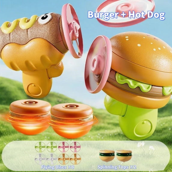 Burger Launcher Spinning Top Toy for Kids – LED Light Up Gyro with Handle Grip, Outdoor Flying Disc Toy for Boys & Girls, Novelty Hamburger Beyblade Toy Gift(Hamburger+Hot dog)