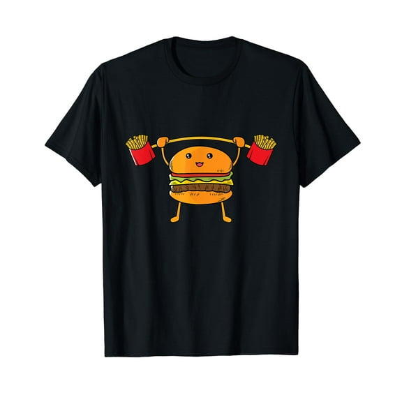 Burger Lifting Fries Funny Food Pun Snatch Squat Barbell T-Shirt