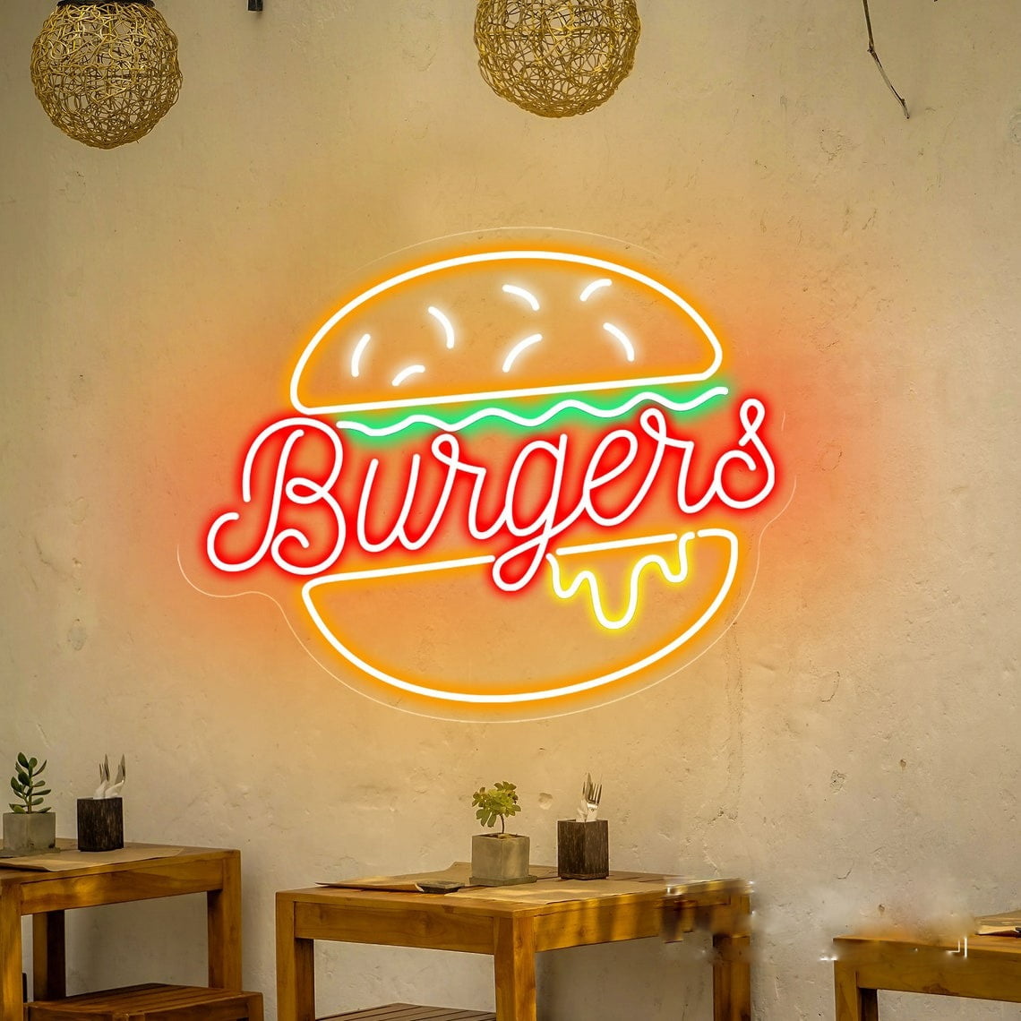 Burger Neon Sign Custom LED Dimmable Hamburger Neon Light Up Sign Home ...