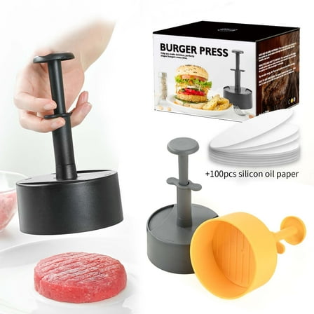 Burger Patty Press Nonstick Manual Meat Presser for Home Kitchen | Ergonomic ABS Hamburger Maker | Includes 100 Greaseproof Papers | Easy Clean | 6.6x4in | Gray/Yellow | 1 Pack