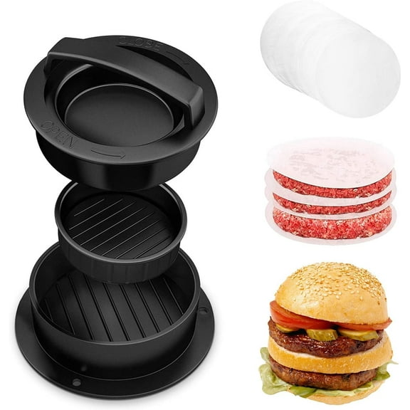 Burger Press, 3 in 1 Hamburger Patty Maker, Different Size Patty Molds and Non Sticking Coating Give 50 Wax Patty Papers