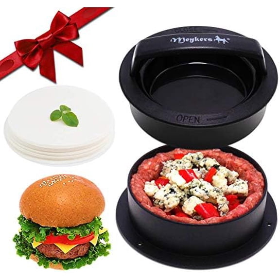 Burger Press - 3-in-1 Hamburger Patty Maker with Non-Stick Mold and 100 Wax Papers for Stuffed Cheeseburger, Slider$$Garden & Patio