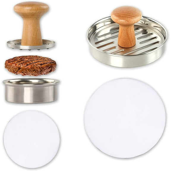 Burger Press 5" and 3" Suitable for Kids Burgers Size, Heavy Duty Stainless Steel Hamburger Patty Maker with Wooden Handle, Free 100 Pieces(50 Each Size) Non-Stick Patty Papers