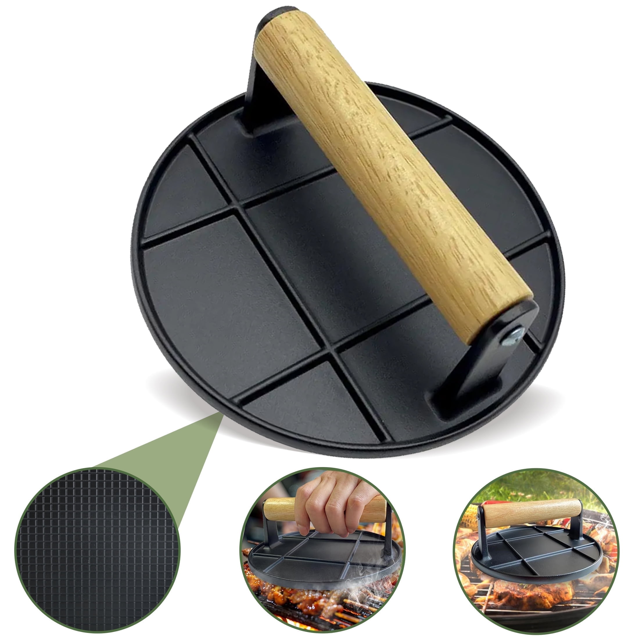 Fabulas Burger Press, 6.3 Round Smash Burger Press with Wood Handle Grill Press Hamburger Smasher Meat Steak Weight for Griddle, Bacon Press, Sandwich Press
