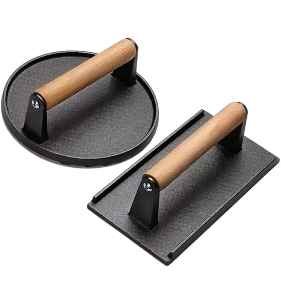 Burger Press 7.08" Round & 8.3X4.3Rectangle Heavy-Duty Cast Iron Smash Meat Steak With Wood Handle for Blackstone Camp chef Pitboss Weber Treager Griddle Grills (Round & Rectangle)