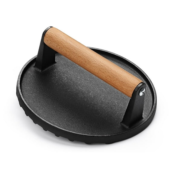 Burger Press, 7" Round Heavy-Duty Cast Iron Smash Bacon Press Meat Steak with Wood Handle for Griddle, Sandwich, Nonstick Pan