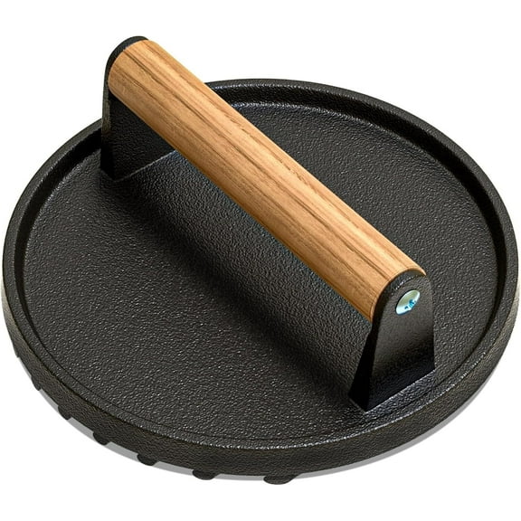 Burger Press, 7" Round Heavy-Duty Cast Iron Smash Burger Press Meat Steak with Wood Handle for Blackstone, Blackstone Griddle Accessories for Sandwiches, Paninis(Round)