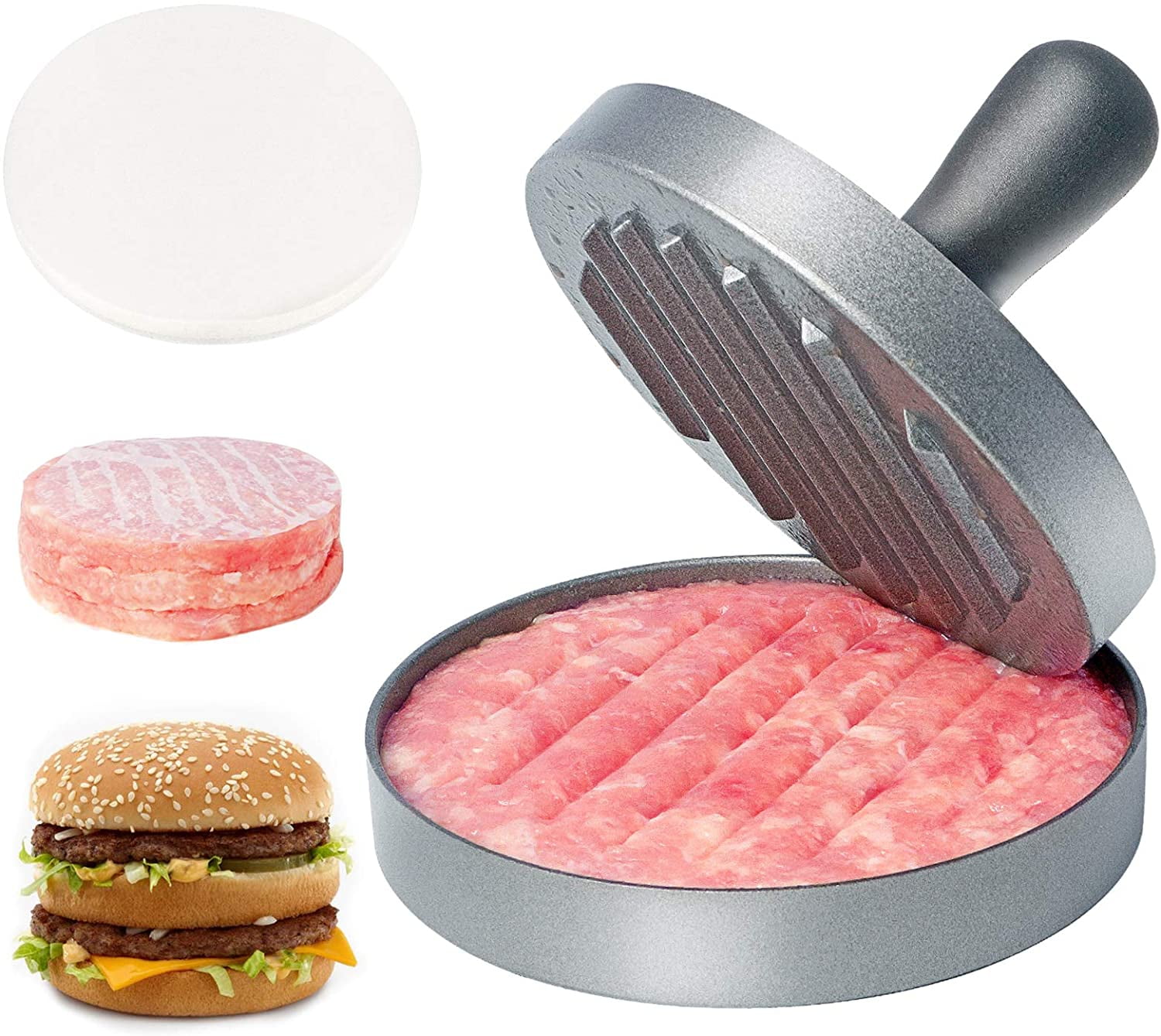 Burger Press, Food Grade Stainless Steel Burger Maker with ABS Handle, Non-Stick Hamburger Press, 11 cm, 40 Sheets of Patty Papers Included