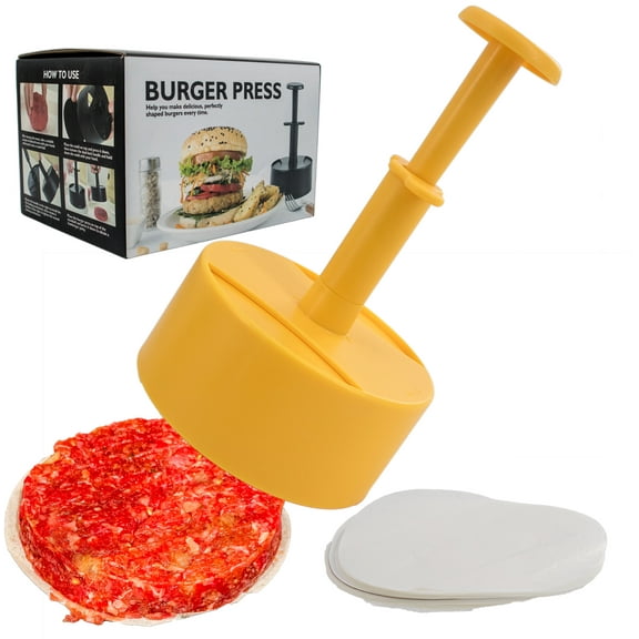 Burger Press Patty Maker - Adjustable, Non-Stick Hamburger Mold for Perfect Stuffed, Beef, and Veggie Patties, Easy-Clean Grill Ready Tool with Graduated Design - for Home and Outdoor Cooking - Yellow