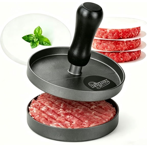 Burger Press Patty Maker, Non-Stick Aluminum Hamburger Mold with 100 Patty Papers for Kitchen Grill BBQ Camping