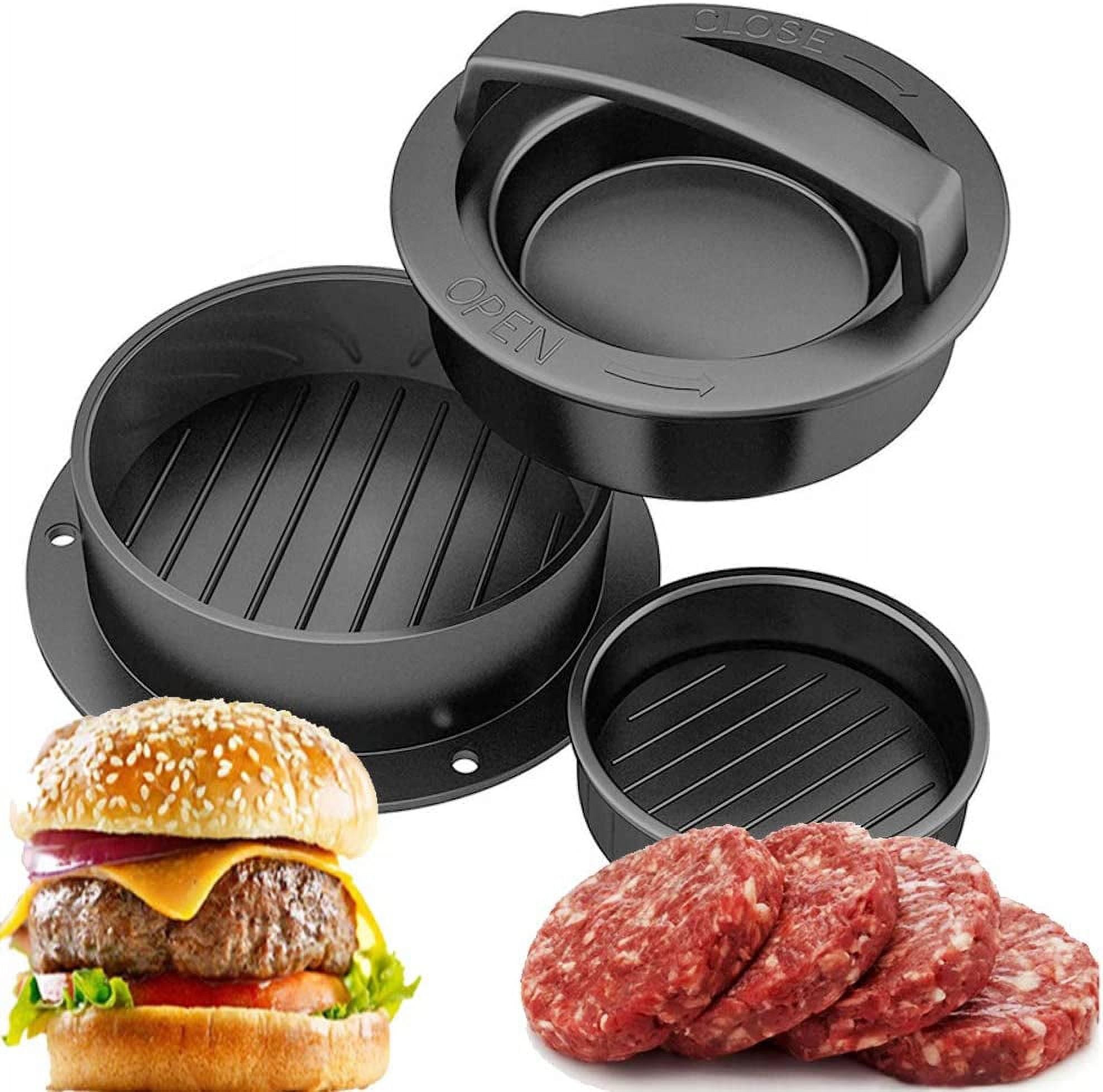 Burger Press Patty Maker, Non-Stick Hamburger Mold Kit for Easily Making Delicious Stuffed Burgers, Regular Beef Burger and Perfect Shaped Patties, Best Indoor Kitchen Gadgets Cooking (Black)