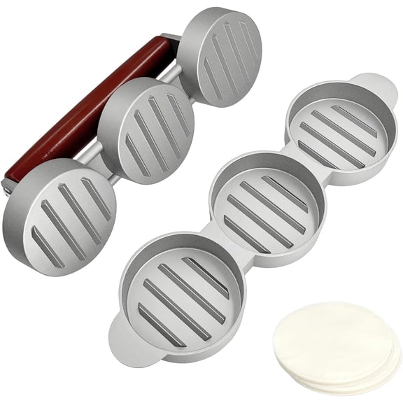 Burger Press Patty Maker Set with 100 Non-Stick Papers - 3x2.5 Inch Mold for Making Three Mini Patties at Once - Perfect for Sliders, BBQ, Picnic, Camping - Easy to Use & Clean