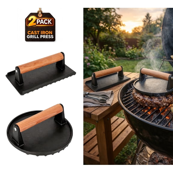 Burger Press Set - 7" Round smash burger press & 8.3"x4.3" Rectangle Cast Iron Grill Press with Wooden Handle - Smasher is perfect for Griddle, Grills
