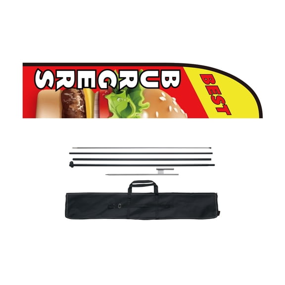 Burger Restaurant Advertising Feather Flag with Pole Kit, Advertising Flags for Business Outside, Includes 1 Banner Flag, 1 Pole, 1 Ground Stake, Swooper Flag for Businesses 16.3 FT