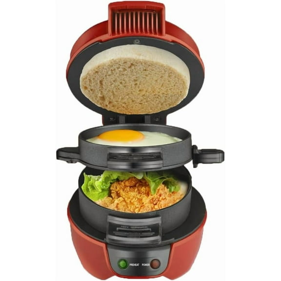 Burger Sandwich Maker, 3-in-1Breakfast Burger Machine, Household Multifunctional Hamburger Machine, Fried Egg and Steak Machine, Double-layer Annular Heating, for Egg, Ham, Steaks (Red)