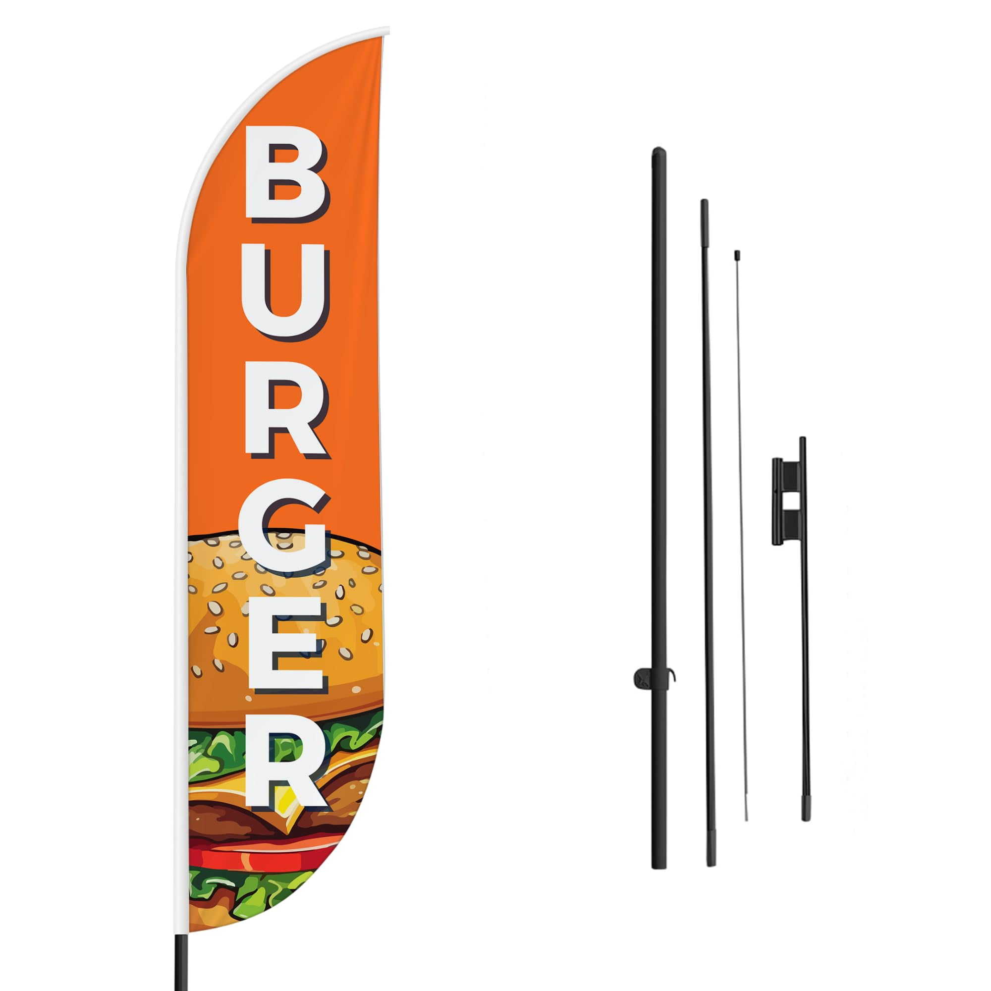 Burger Sign feather flag Pole Mount for Outdoor by Mavis Print | 15 FEET Long Polyester Outdoor Banner Flag with Pole Kit for Easy Hang | HD Print Swooper Flag Pole Mount for Food Advertising ade