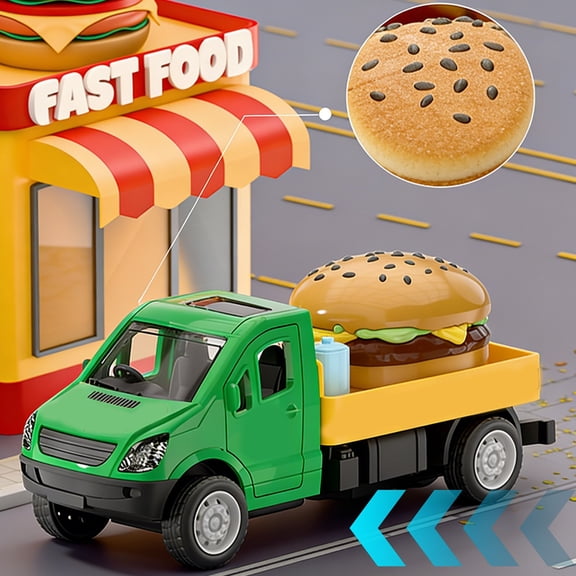 Burger Themed Push and Go Car Toy, Simulation Hamburger Model Car, Inertia Powered Mini Vehicle with Opening Doors, Pretend Play Toy for Kids