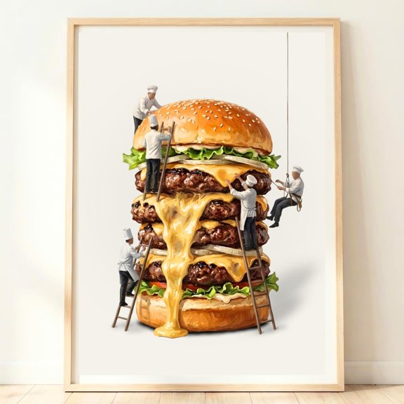 Burger Wall Art Whimsical Cheeseburger Print Stacked Burger Burger Kitchen Decor Chef Gift