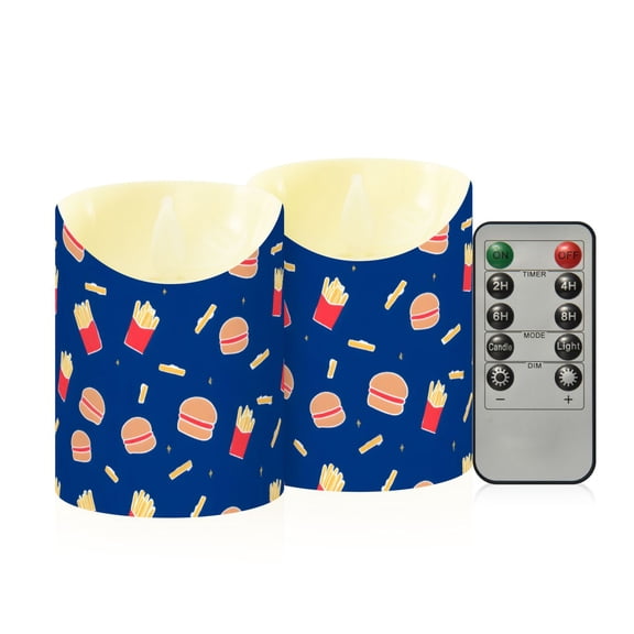 Burger and French Fries Pattern Flameless Candles 2 PCS with Remote Realistic Moving Flame LED Tapered Pillar Set for Home Decor