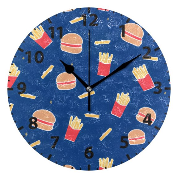Burger and French Fries Pattern Wall Clock 10in Round Artistic Oil Painting Home Decor Desk Table Clock