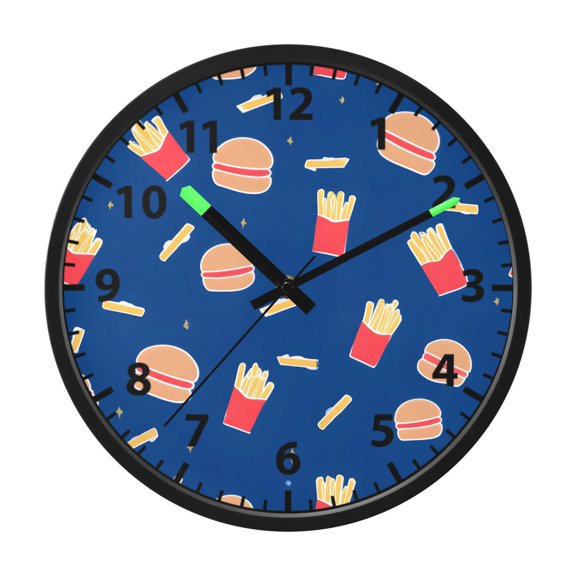 Burger and French Fries Pattern Wall Clock 12 Inch Voice Activated Night Light Silent Non Ticking