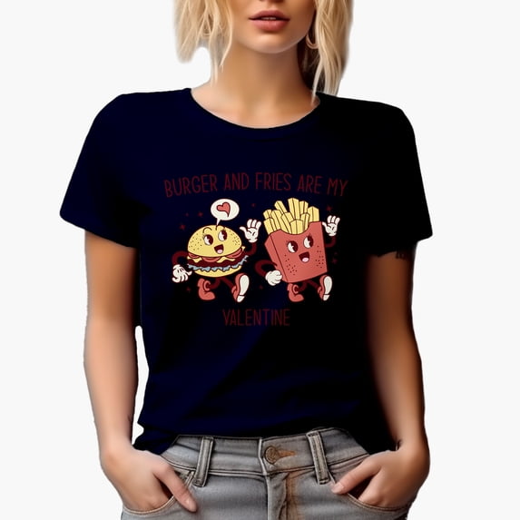 Burger and Fries Are My Valentine, Retro Valentine's Day Gift, Navy Blue T-Shirt, 2XL