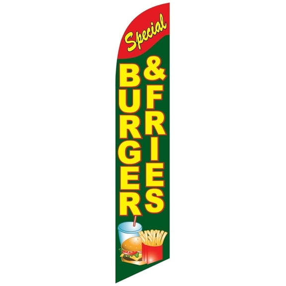 Burger and Fries Banner Flag - Windless Feather Flag Replacement - Restaurant Promotion - Food Truck Sign - 12ft x 2.5ft