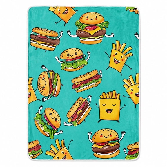 Burger and Fries Sherpa Blanket, Food Print Fleece Throw