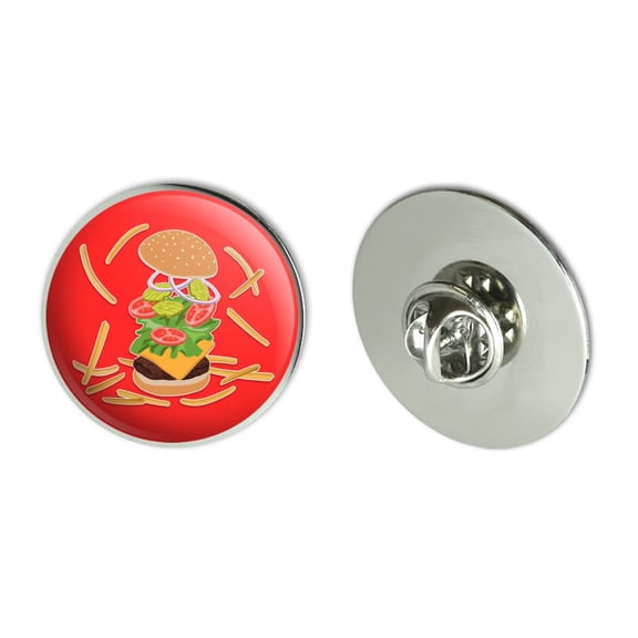 Burger and Fries with Lettuce Cheese Tomatoes and Pickles Metal 1.1" Tie Tack Hat Lapel Pin Pinback
