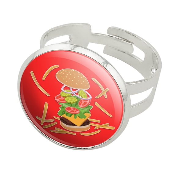 Burger and Fries with Lettuce Cheese Tomatoes and Pickles Silver Plated Adjustable Novelty Ring