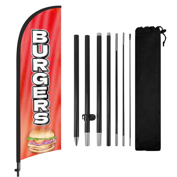 Burgers Advertising Swooper Flags Banners, Burgers Feather Flags with Poles and Ground Stake, 8FT Advertising Feather Flags Sign for Burgers Business